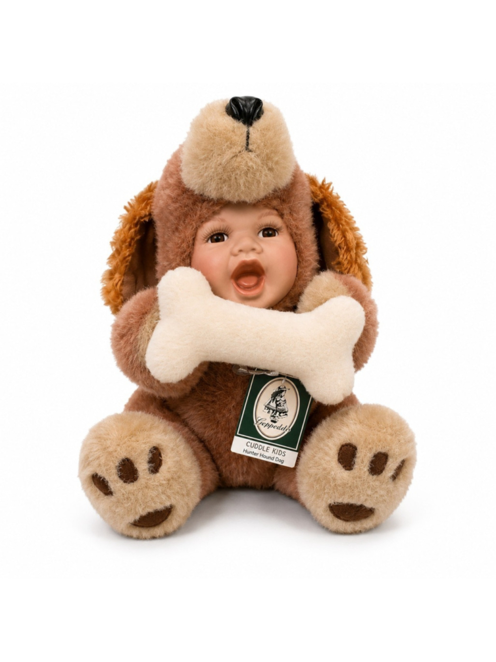VTG Geppeddo Cuddle Kids Hunter Hound Dog Porcelain Face Plush Doll '03 Bone Tag